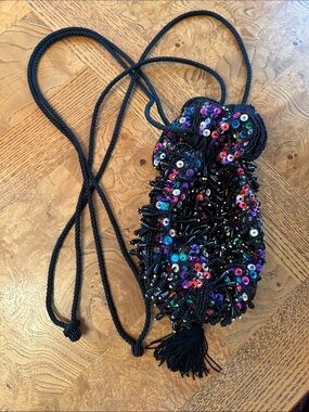 Black Sequin & Bead Drawstring Card Pouch